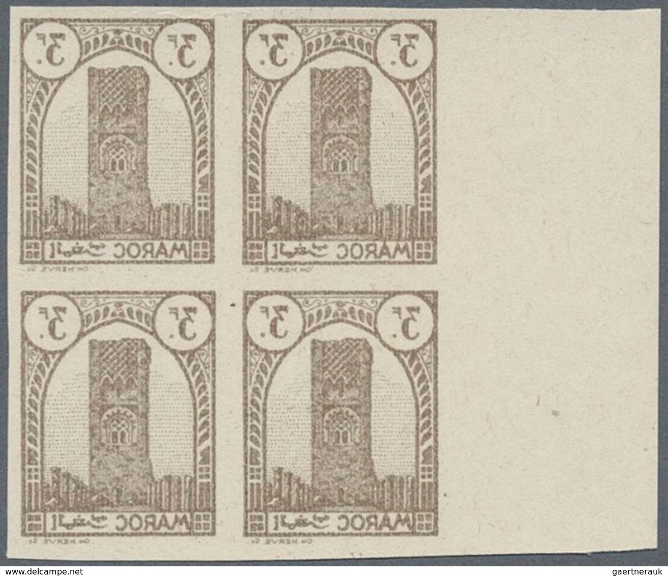 12189 Marokko: 1943/1944, Definitives "Tour Hassan", 3fr. Brown, Imperforate Left Marginal Block Of Four W - Marokko (1956-...)