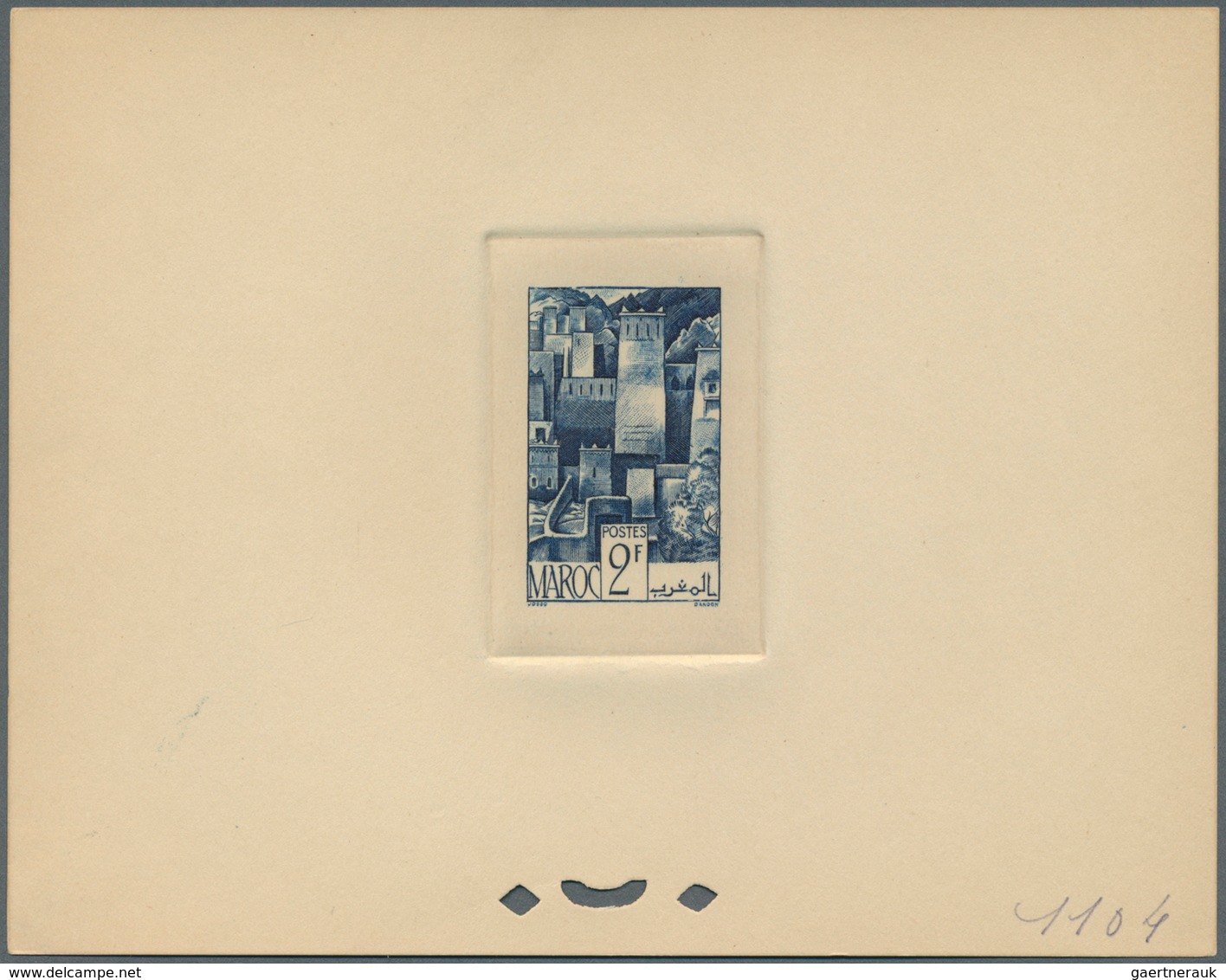 12195 Marokko: 1947, 2fr. Kasbah, group of nine epreuve in differing colours (partly some striated toning)