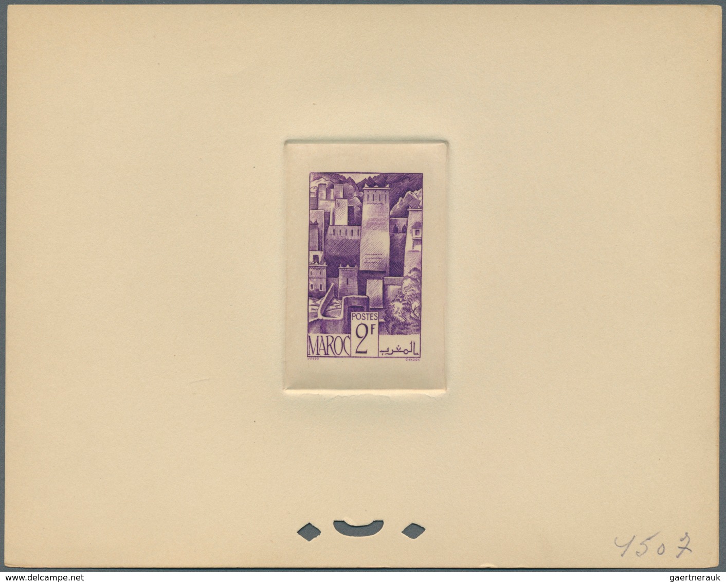 12195 Marokko: 1947, 2fr. Kasbah, group of nine epreuve in differing colours (partly some striated toning)