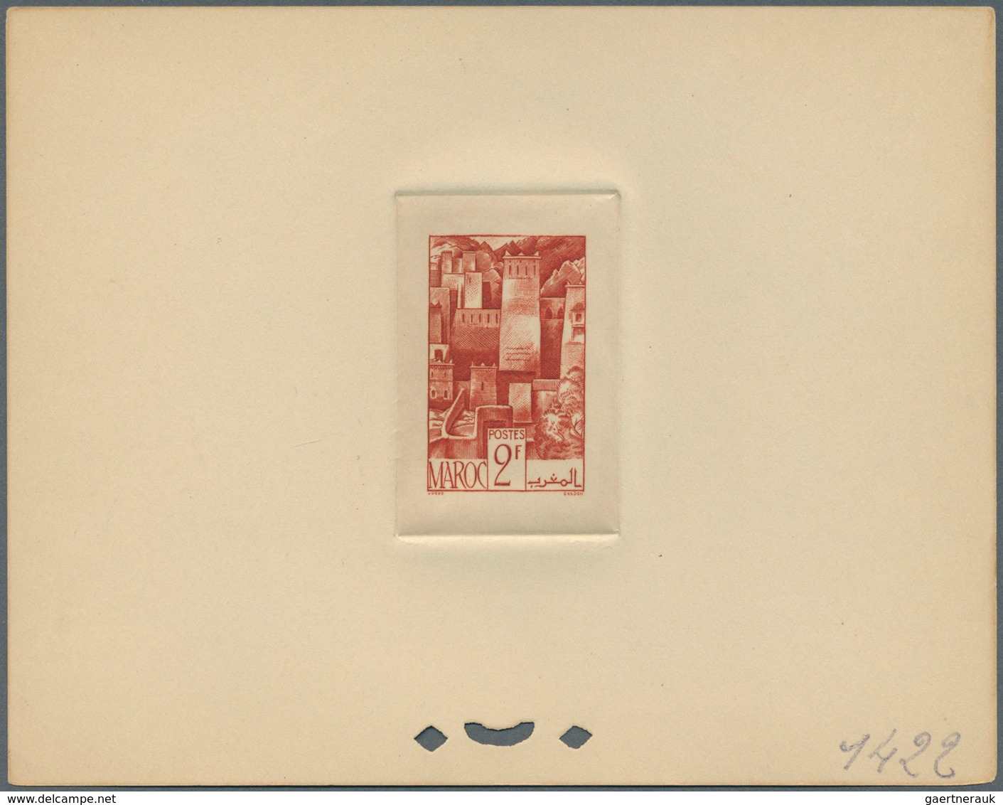 12195 Marokko: 1947, 2fr. Kasbah, group of nine epreuve in differing colours (partly some striated toning)