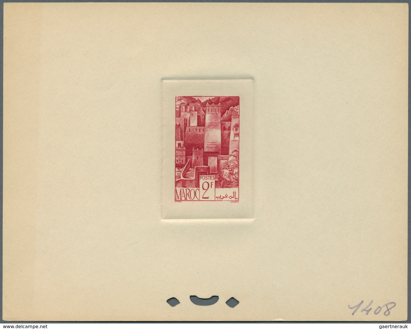 12195 Marokko: 1947, 2fr. Kasbah, group of nine epreuve in differing colours (partly some striated toning)