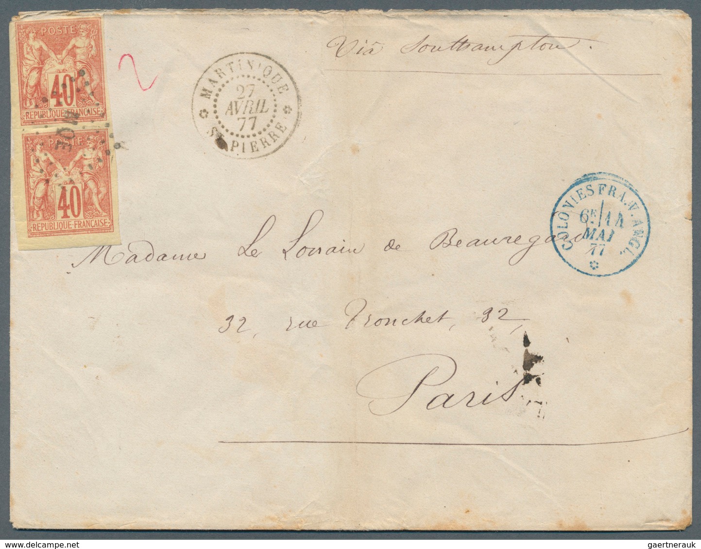 12214 Martinique: 1877. Envelope To Paris (verical Folded And Few Stains) Bearing French General Colonies - Autres & Non Classés