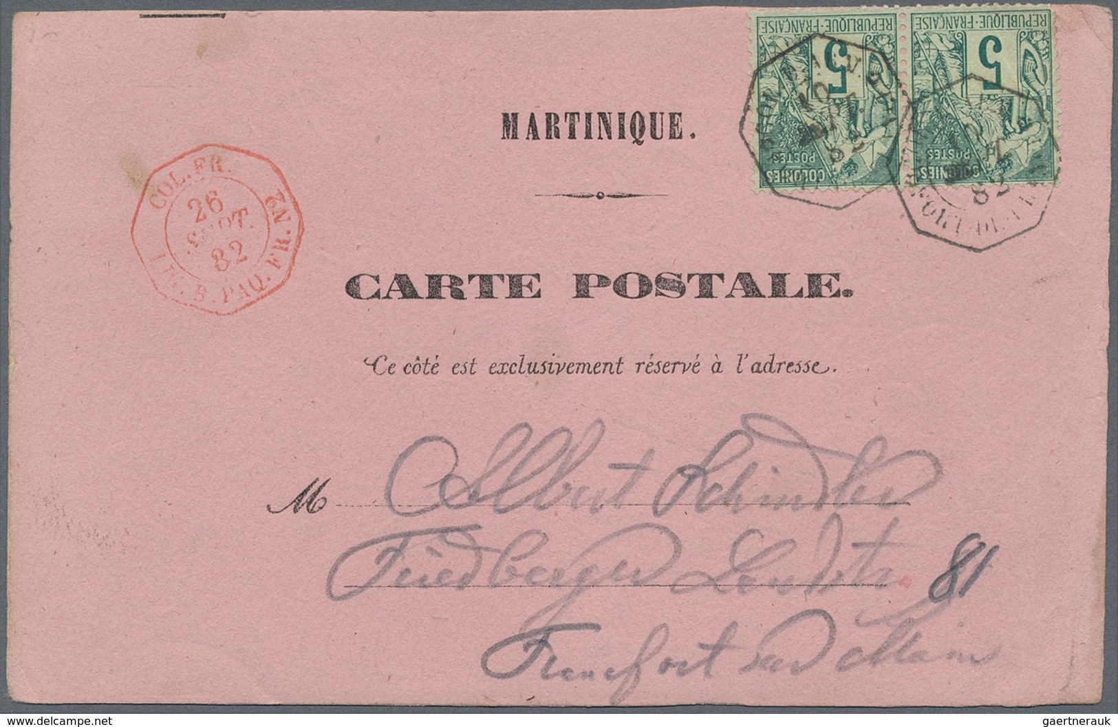 12215 Martinique: 1882, Offical Postcard Form "Martinique - Carte Postale" Black On Rose, Franked With Pai - Sonstige & Ohne Zuordnung