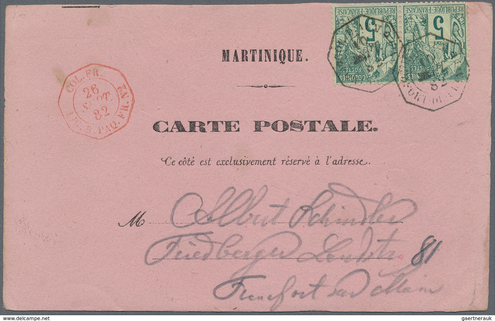 12215 Martinique: 1882, Offical Postcard Form "Martinique - Carte Postale" Black On Rose, Franked With Pai - Autres & Non Classés