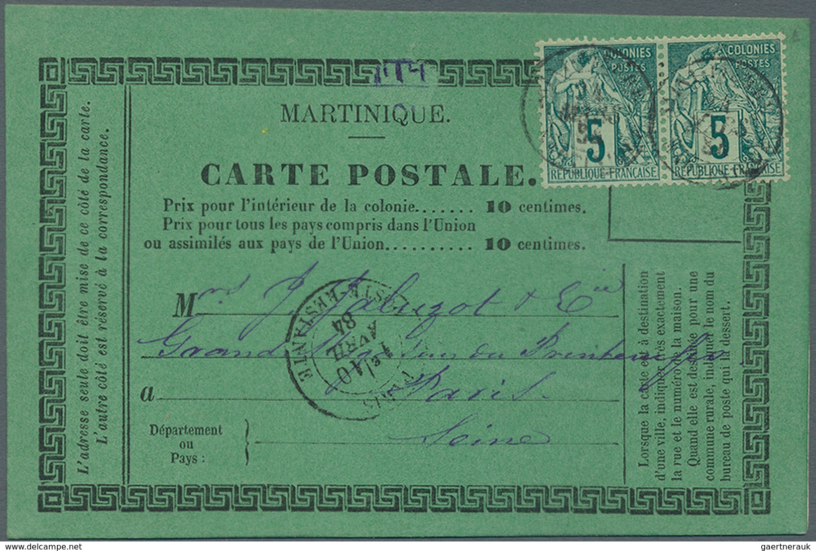 12216 Martinique: 1884, French Colonies General Issue: 5 C Green Horizontal Pair, Multiple Franking On Off - Sonstige & Ohne Zuordnung