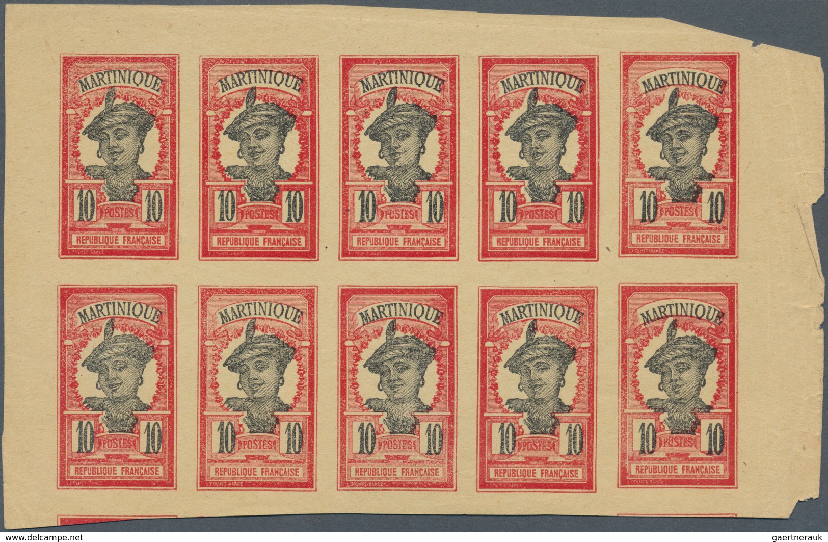 12217 Martinique: 1908/1925. Imperforate Block Of 10 "Martinique Woman 10c" In Carmine/black On Colored Pa - Autres & Non Classés