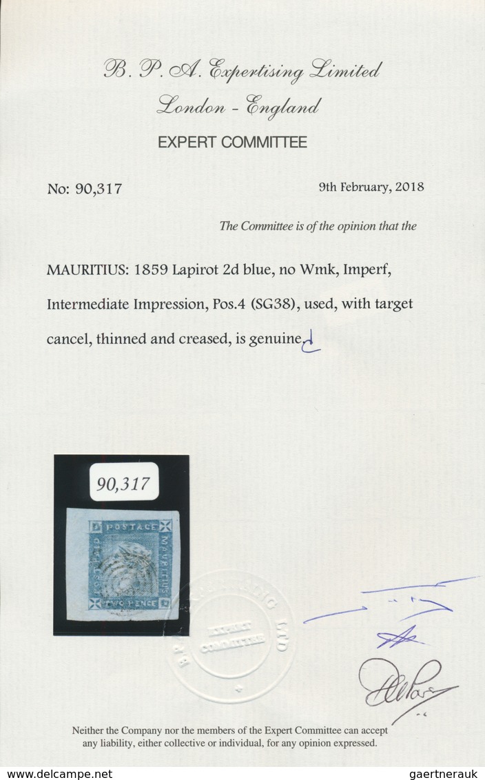 12227 Mauritius: 1859, 2d. Blue "Lapirot", Intermediate Impression, Fresh Colour, Huge Margins All Around, - Mauritius (...-1967)