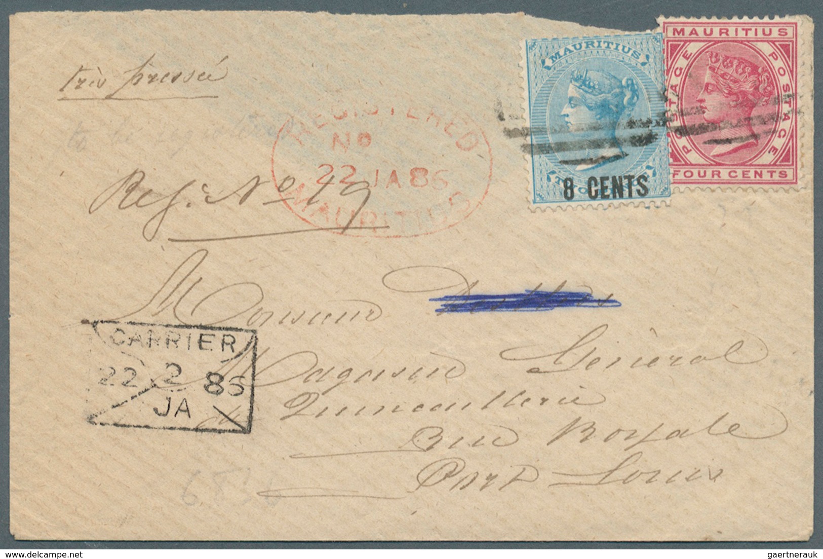 12230 Mauritius: 1886. Registered Express Envelope (backflap Missing) Addressed To Port Louis Bearing SG 8 - Maurice (...-1967)