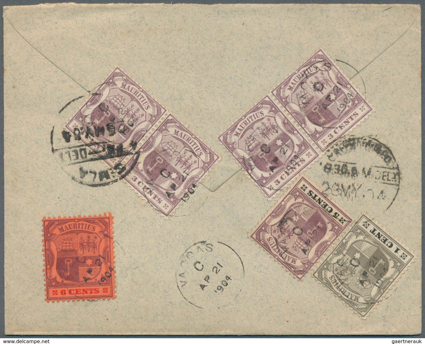 12233 Mauritius: 1904, Small Registered Envelope Franked On Backside, Sent From VAOCAS To Calcutta, Redire - Mauritius (...-1967)