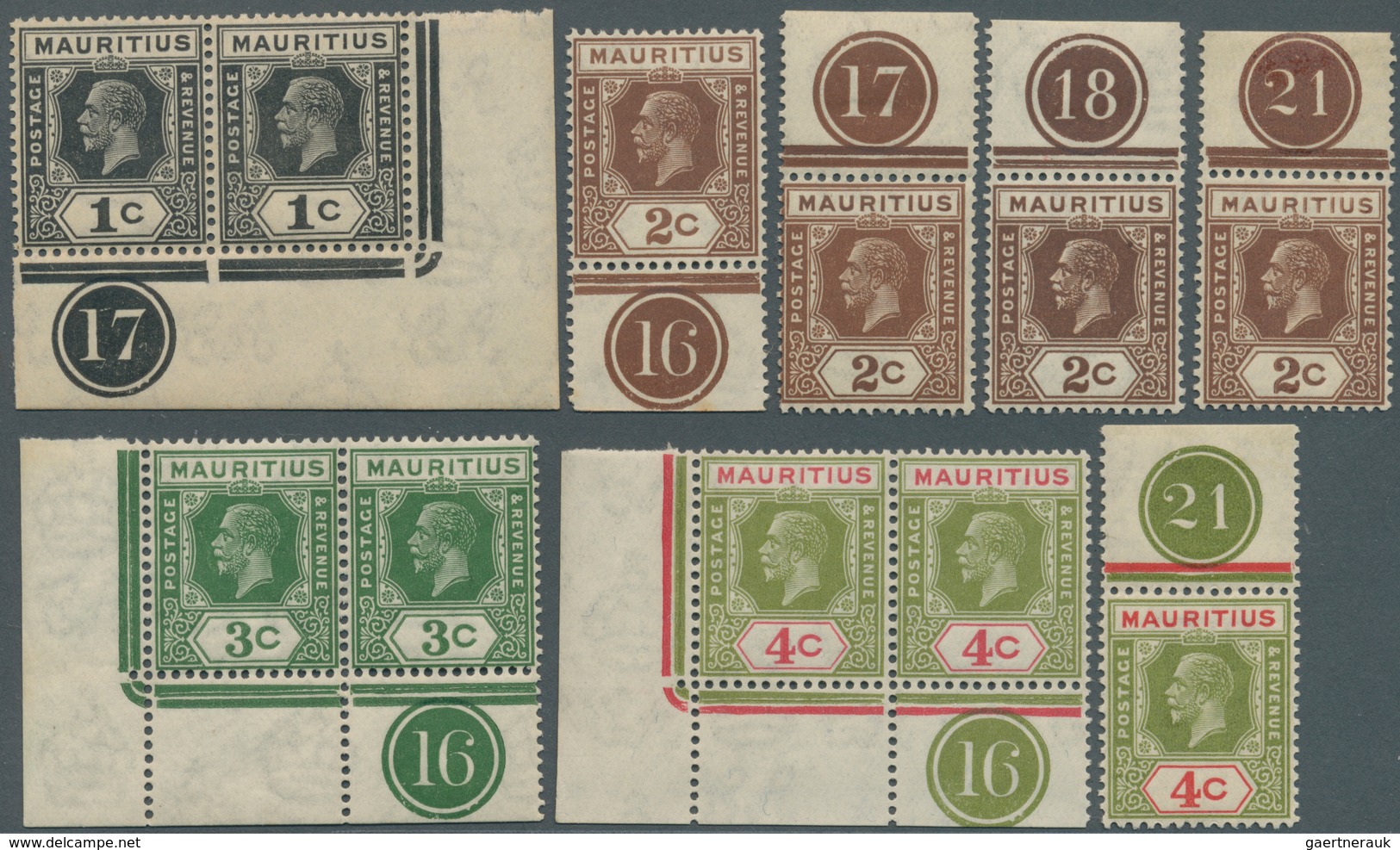 12235 Mauritius: 1922/1932, KGV Definitives With Mult Script CA Wmk. 12 Singles, 4 Pairs, 13 Blocks/4 And - Mauritius (...-1967)