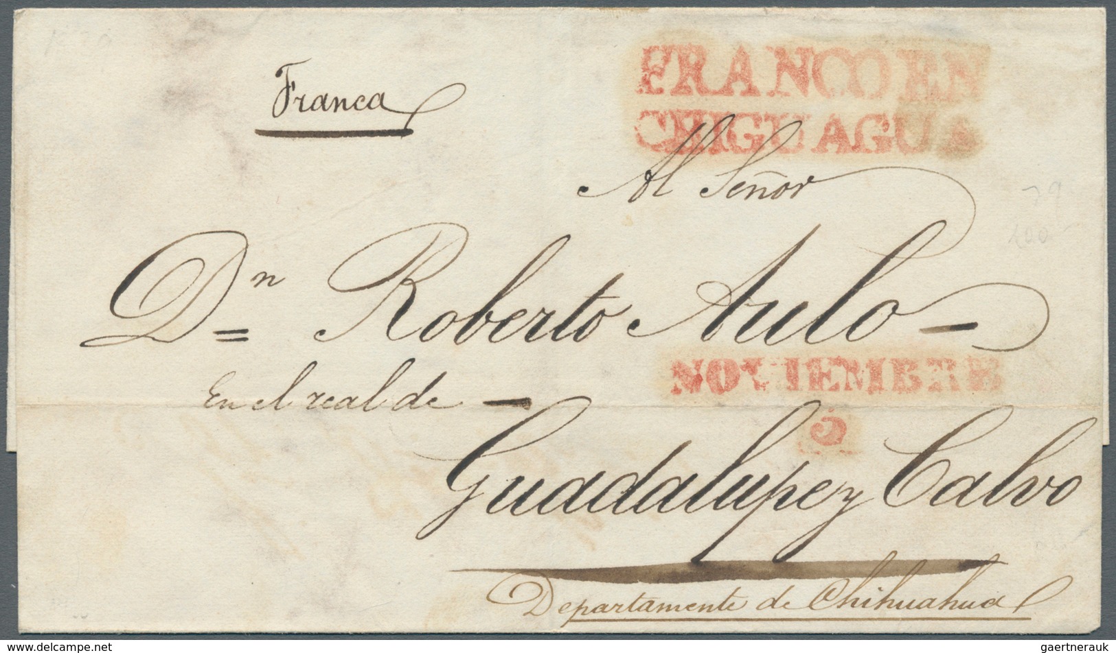 12242 Mexiko: 1839, Folded Letter Cover With Red Double-line Strike FRANCO EN / CHIGUAGUA, To Guadalupe Y - Mexique