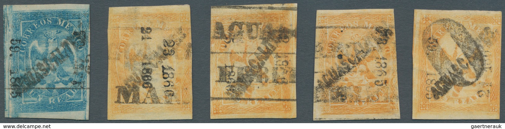 12250 Mexiko: 1865/1866, 1 R Blue And 4 X 2 R Orange "eagle", All 5 Used Stamps With Mailing Numbers From - Mexique