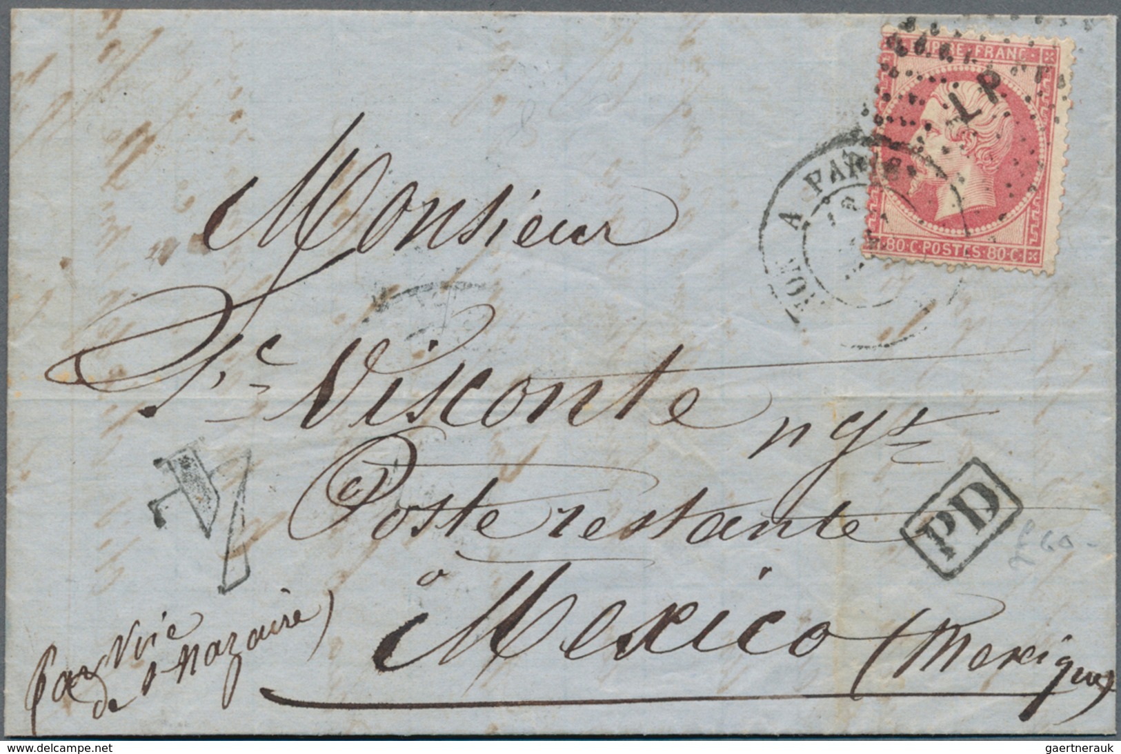 12251A Mexiko: 1865, INCOMING MAIL: France, 80 C Rose Napoleon, Tied By Dot Cancel "LP" And Cds LYON A PARI - Mexiko