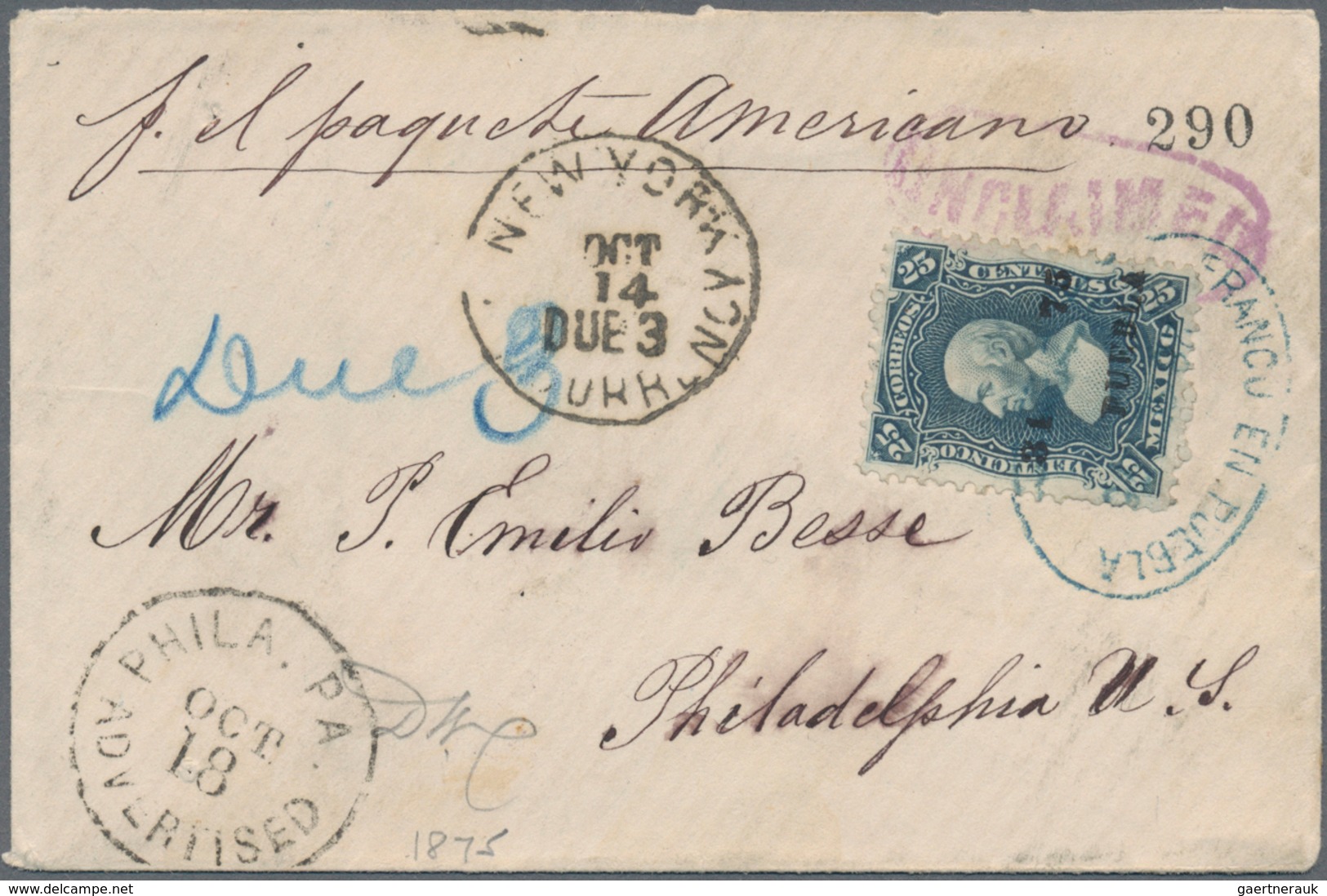 12252 Mexiko: 1874, Hidalgo 25 C Blue On Thin Paper, Overprinted "31 75 PUEBLA" On Envelope Sent Via New Y - Mexiko