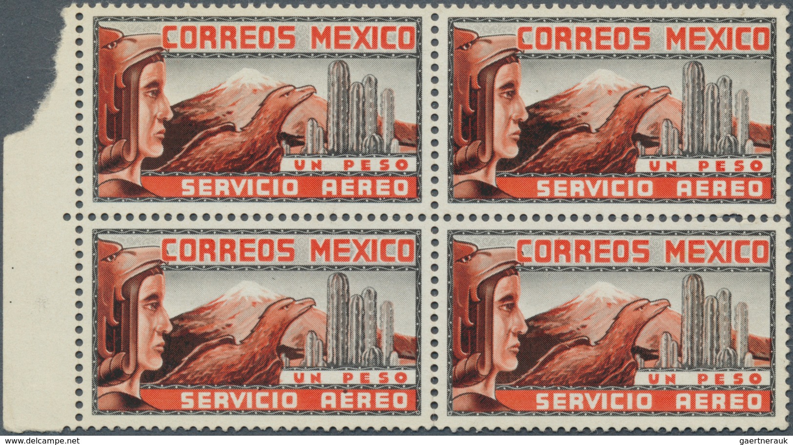 12256 Mexiko: 1934/1935. NON ISSUED Airmail 1p Bicolored Design "Eagle Man And Cactus" In A Block Of 4. No - Mexiko