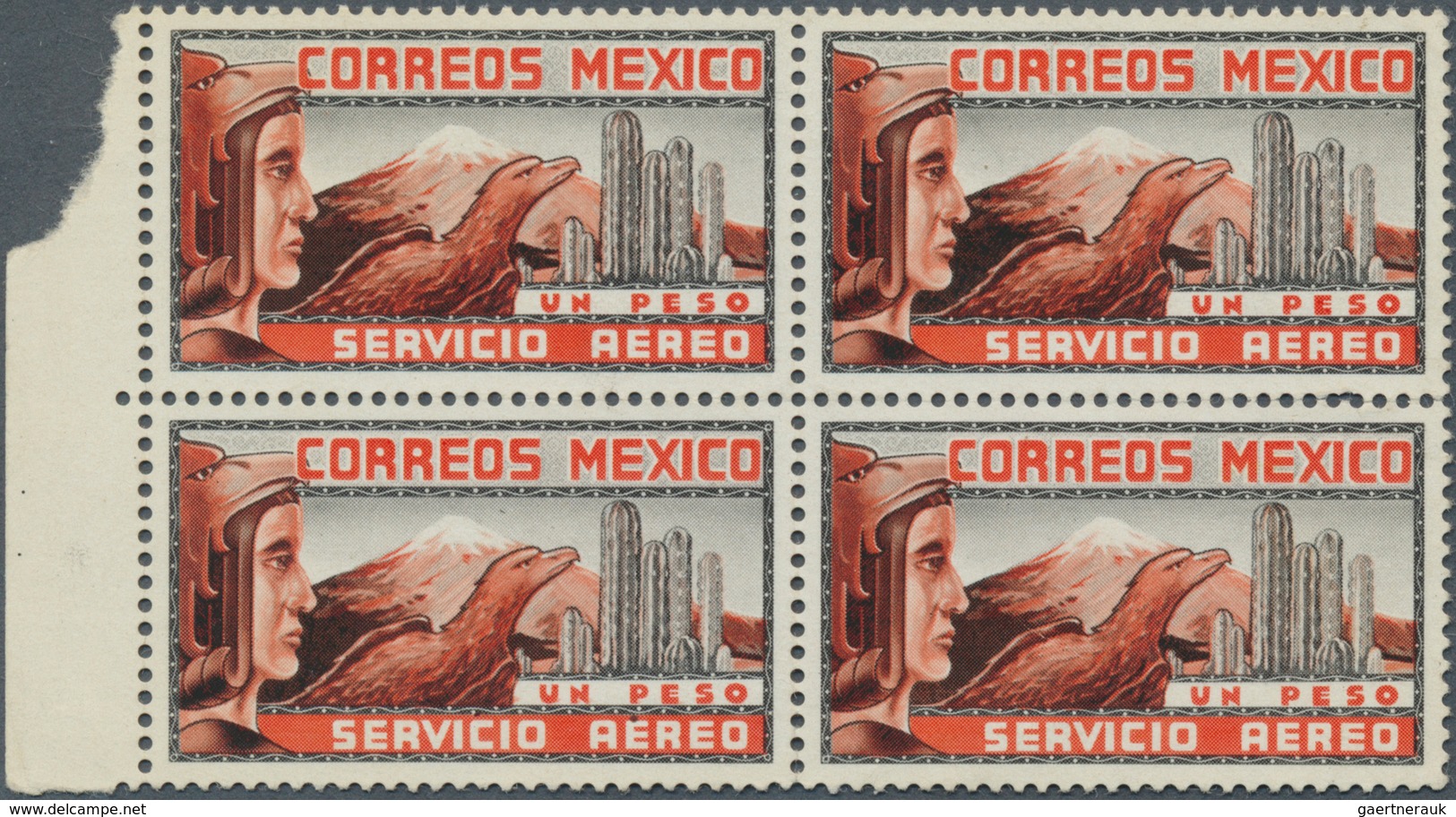 12256 Mexiko: 1934/1935. NON ISSUED Airmail 1p Bicolored Design "Eagle Man And Cactus" In A Block Of 4. No - Mexique