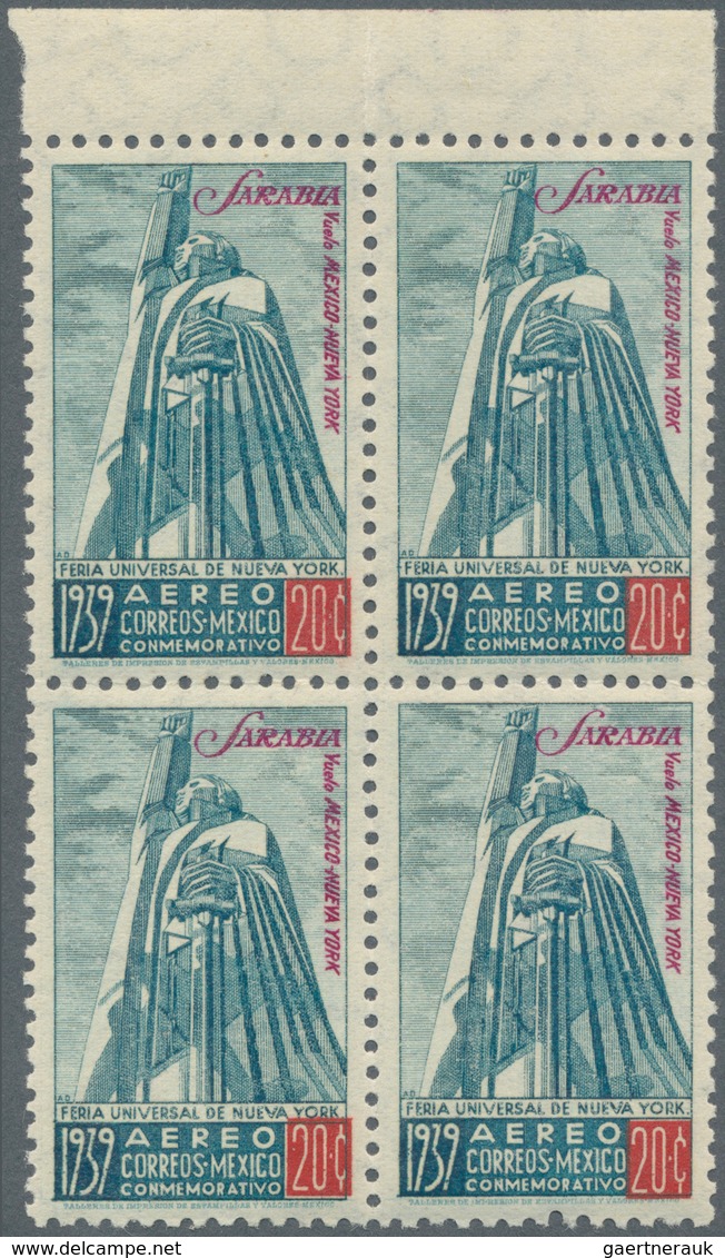 12259 Mexiko: 1939, Sarabia Flight Mexico-New York, 20c. Greenish Blue/red, Top Marginal Block Of Four, Un - Mexique