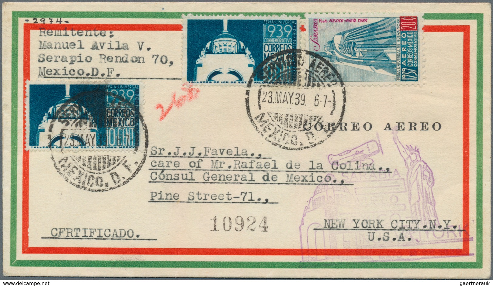 12260 Mexiko: 1939, Airmail Letter Bearing 20 C "SARABIA VUELO MEXICO - NUEVA YORK" + 2x 10 C Sent Registe - Mexiko