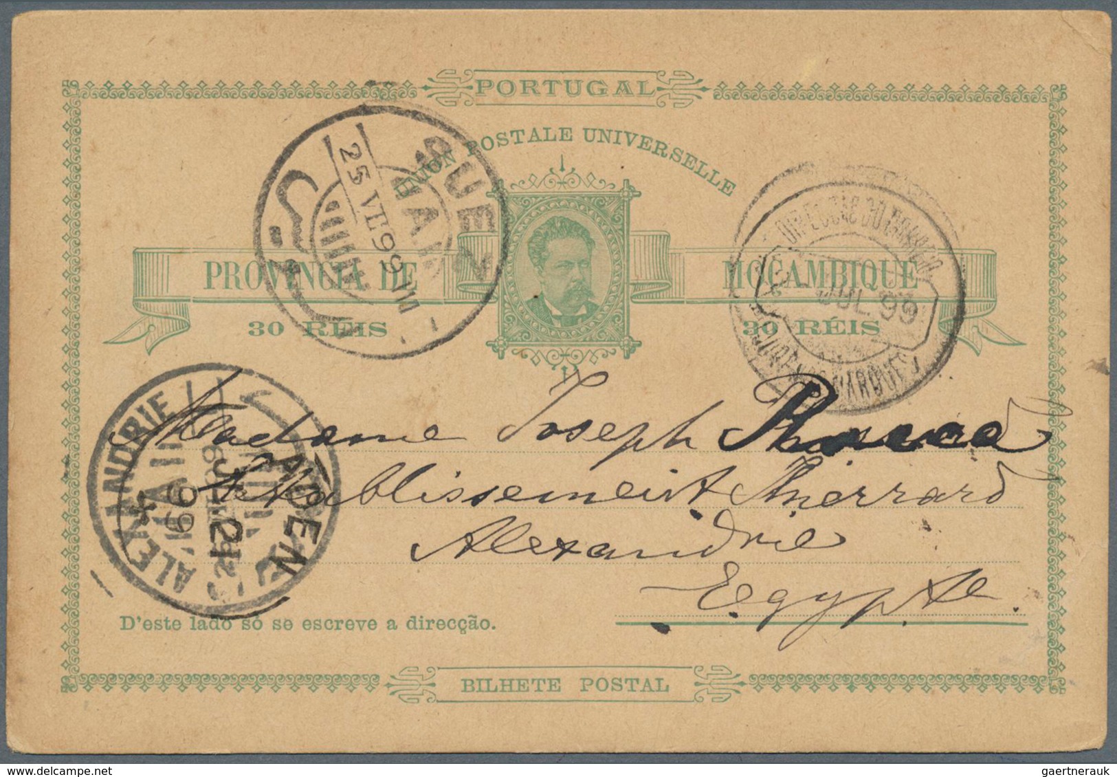 12266 Mocambique: 1899, 30 R Green King Luis Postal Stationery Card, Sent From LOURENCO MARQUES, 2.JUL.99, - Mozambique