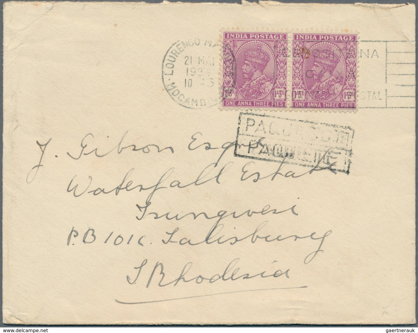 12268 Mocambique: 1934, India King Georg IV 1 A.3 P. Mauv, Horizontal Pair Tied By Machine Cancel "LOURENC - Mosambik