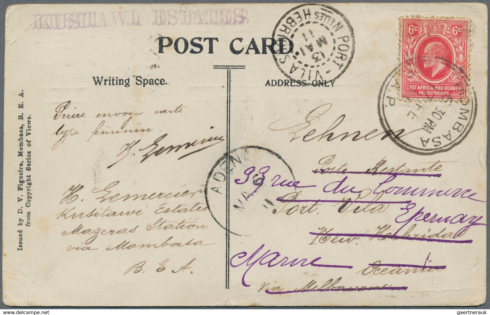 12277 Neue Hebriden: 1911, INCOMING MAIL: British East Africa And Uganda, 6 C Red KEVII, Single Franking O - Sonstige & Ohne Zuordnung