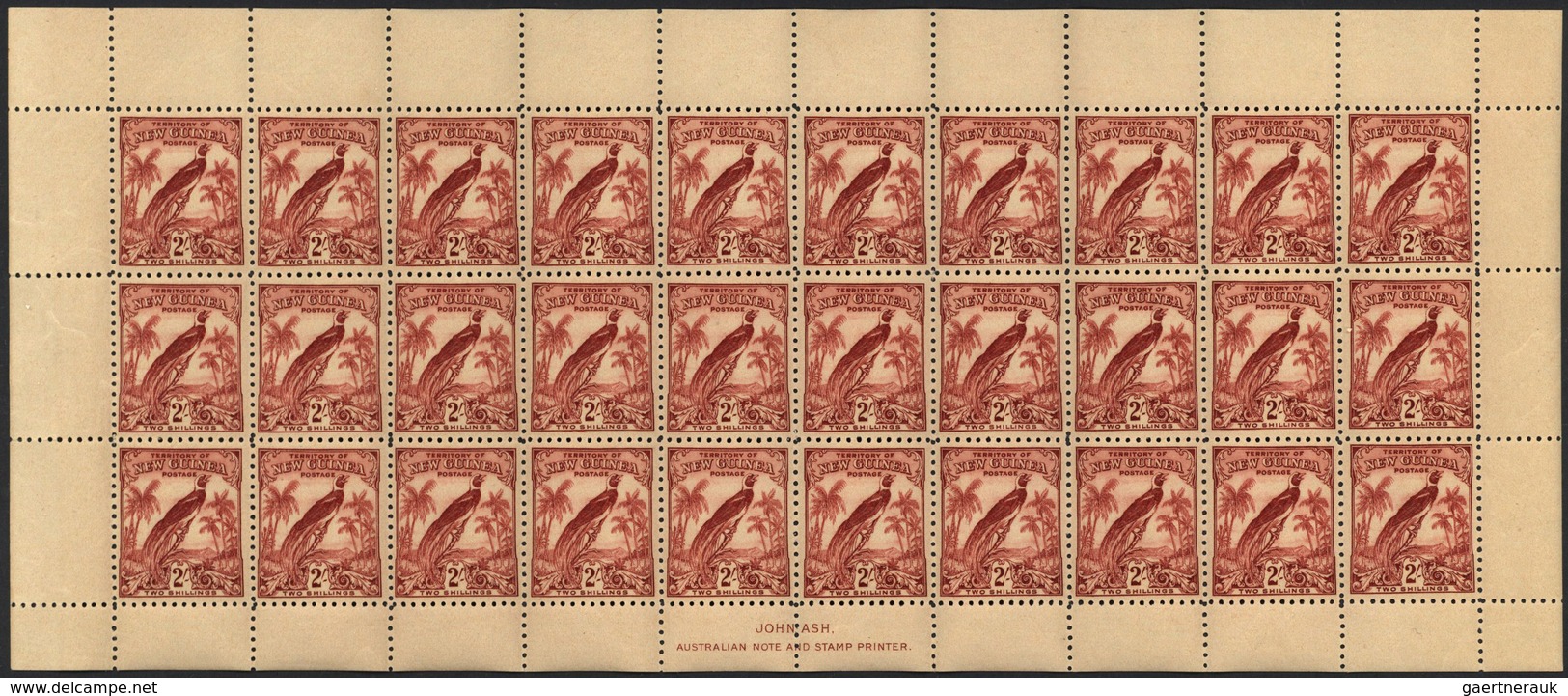 12284 Neuguinea: 1932, Bird Of Paradise 2s Dull Lake In Two Complete Sheets Of 30 Stamps Each With 'JOHN A - Papua-Neuguinea