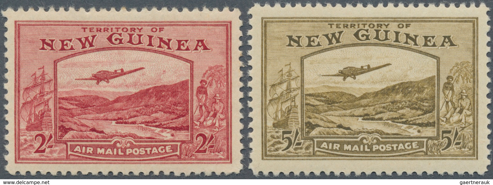 12287 Neuguinea: 1939, Airmail 2 Sh And 5 Sh "Plane Over Landscape" Mint Never Hinged, Two Perfect Centrat - Papouasie-Nouvelle-Guinée