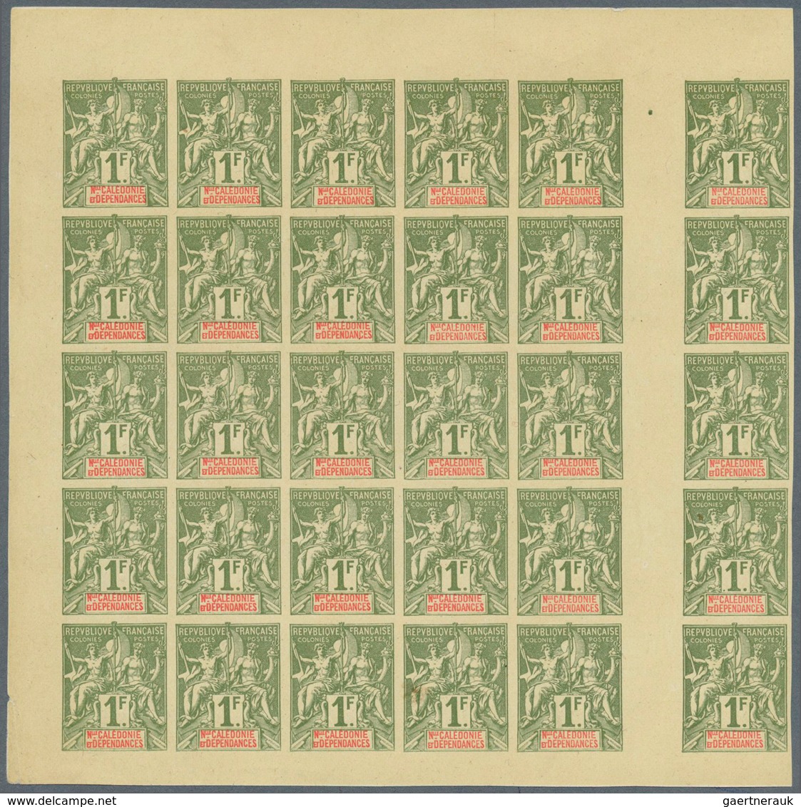 12292 Neukaledonien: 1892. IMPERFORATE Partial Sheet Of 30 Including Five Horizontal Gutter Pairs (without - Autres & Non Classés