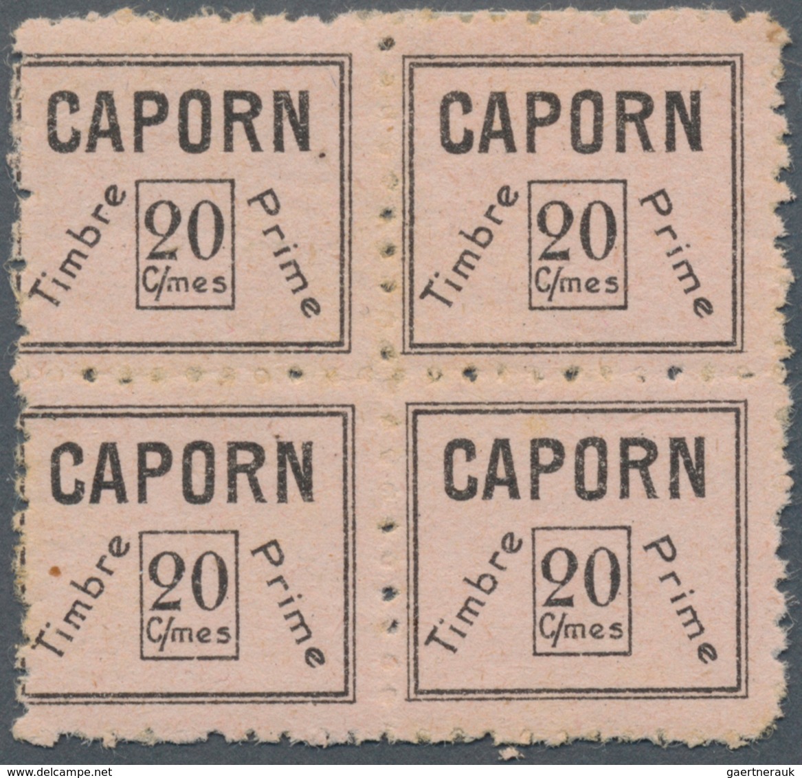 12293 Neukaledonien: 1900 Ca., CAPORN STAMP, 20 C/mes Black On Manila, Block Of 4, 3 Stamps MNH, One Stamp - Autres & Non Classés