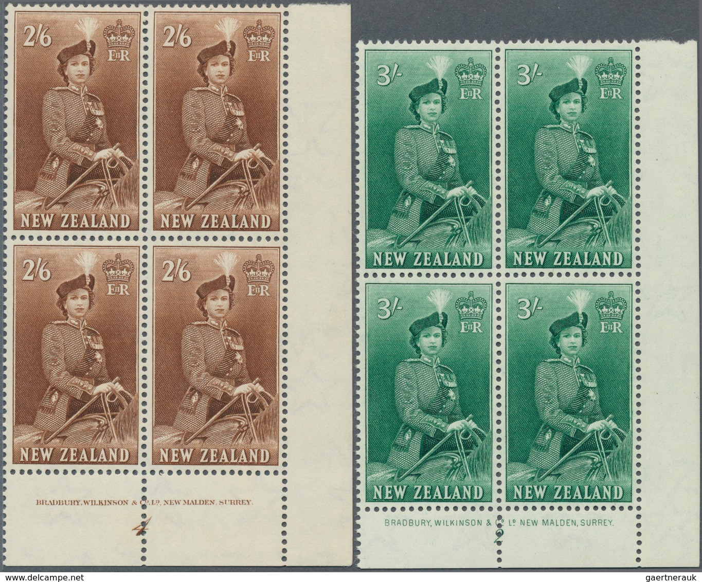 12304 Neuseeland: 1953, QE II On Horse 3 Sh, 5 Sh And 10 Sh And 1957, 2Sh6d In Blocks Of Four, Each From T - Neufs