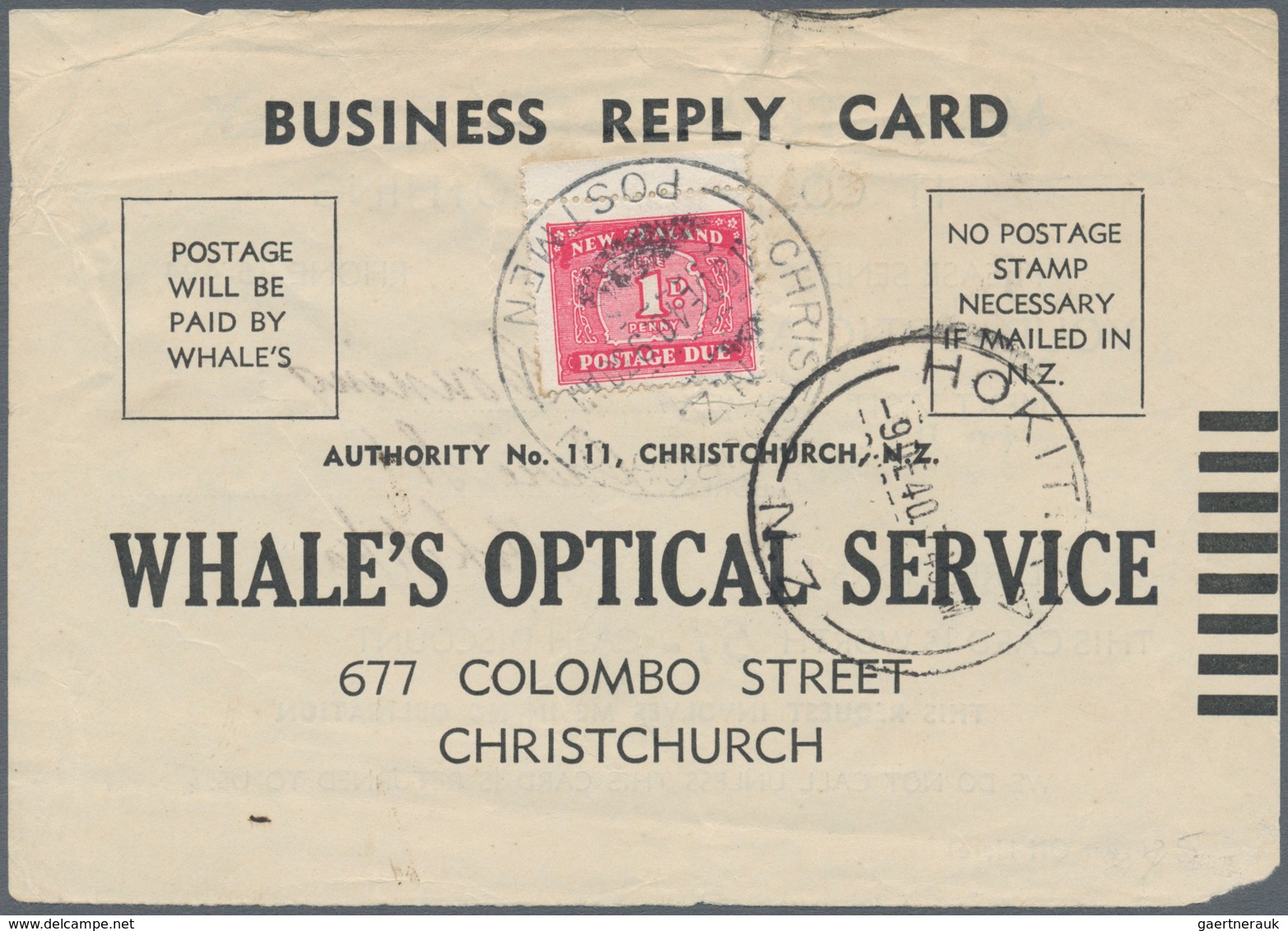 12308 Neuseeland - Portomarken: 1940 (9.12.), Business Reply Card (very Thin Paper!) Used From HOKITIKA To - Portomarken