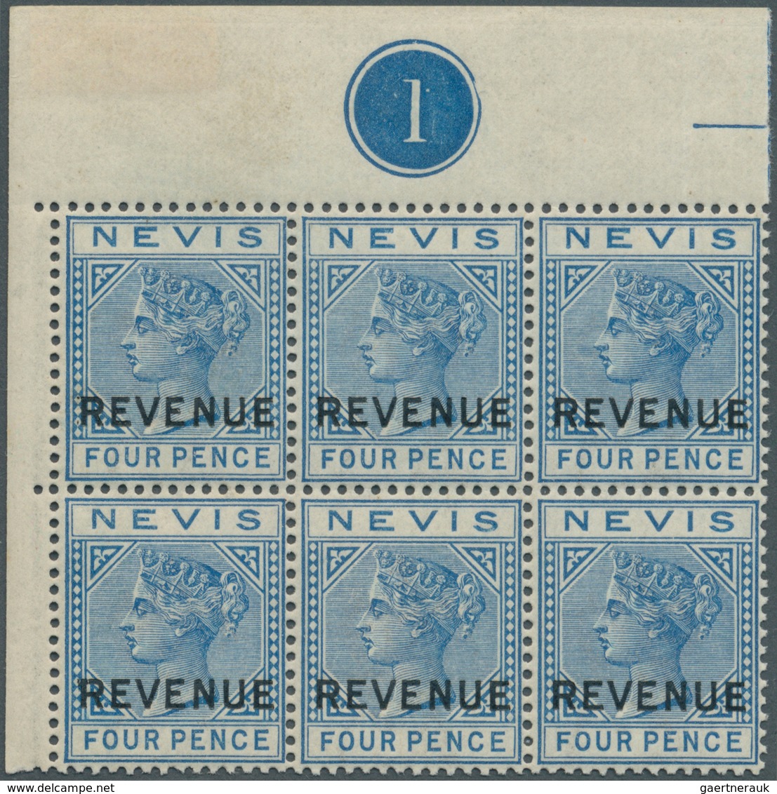 12311 Nevis - Stempelmarken: 1882, QV 4d. Blue With Black Opt. 'REVENUE' Block Of Six From Upper Left Corn - St.Christopher-Nevis-Anguilla (...-1980)