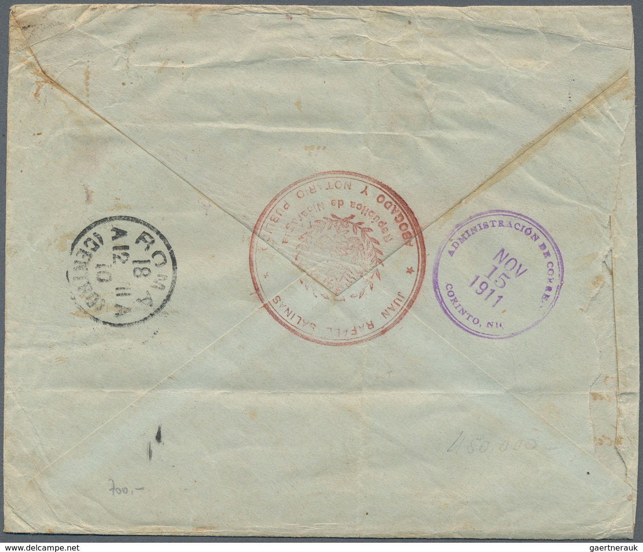 12313 Nicaragua: 1911, Letter Bearing 7 Pieces Of Overprint Stamps "Vale 10 Cts CORREO DE 1911" With Boxed - Nicaragua