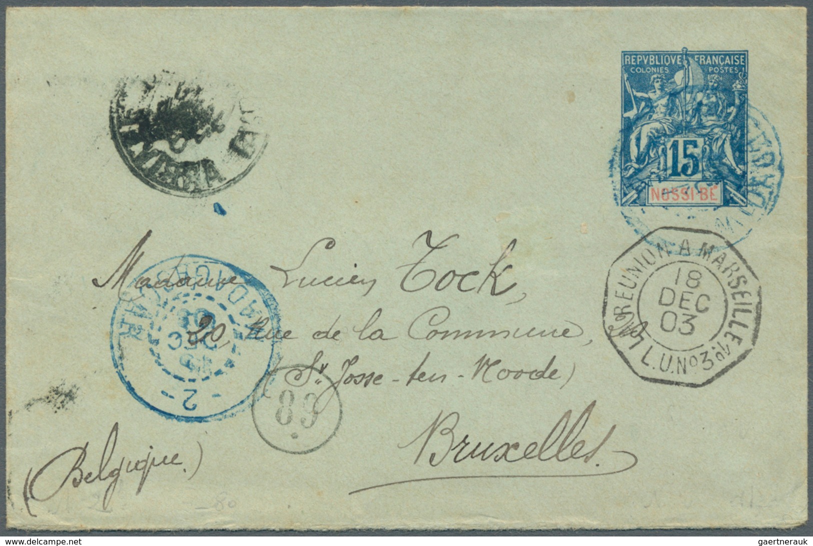 12322 Nossi-Be: 1903, 15 C Blue On Greenish Postal Stationery Envelope, On Reverse Uprated With Vertical P - Sonstige & Ohne Zuordnung