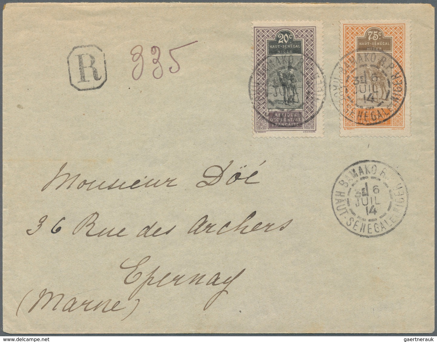 12326 Obersenegal-Niger: 1914, Registered Letter With 25 And 75 Cent. From BAMAKO B.P. 31 JUIL 14 To Franc - Sonstige & Ohne Zuordnung
