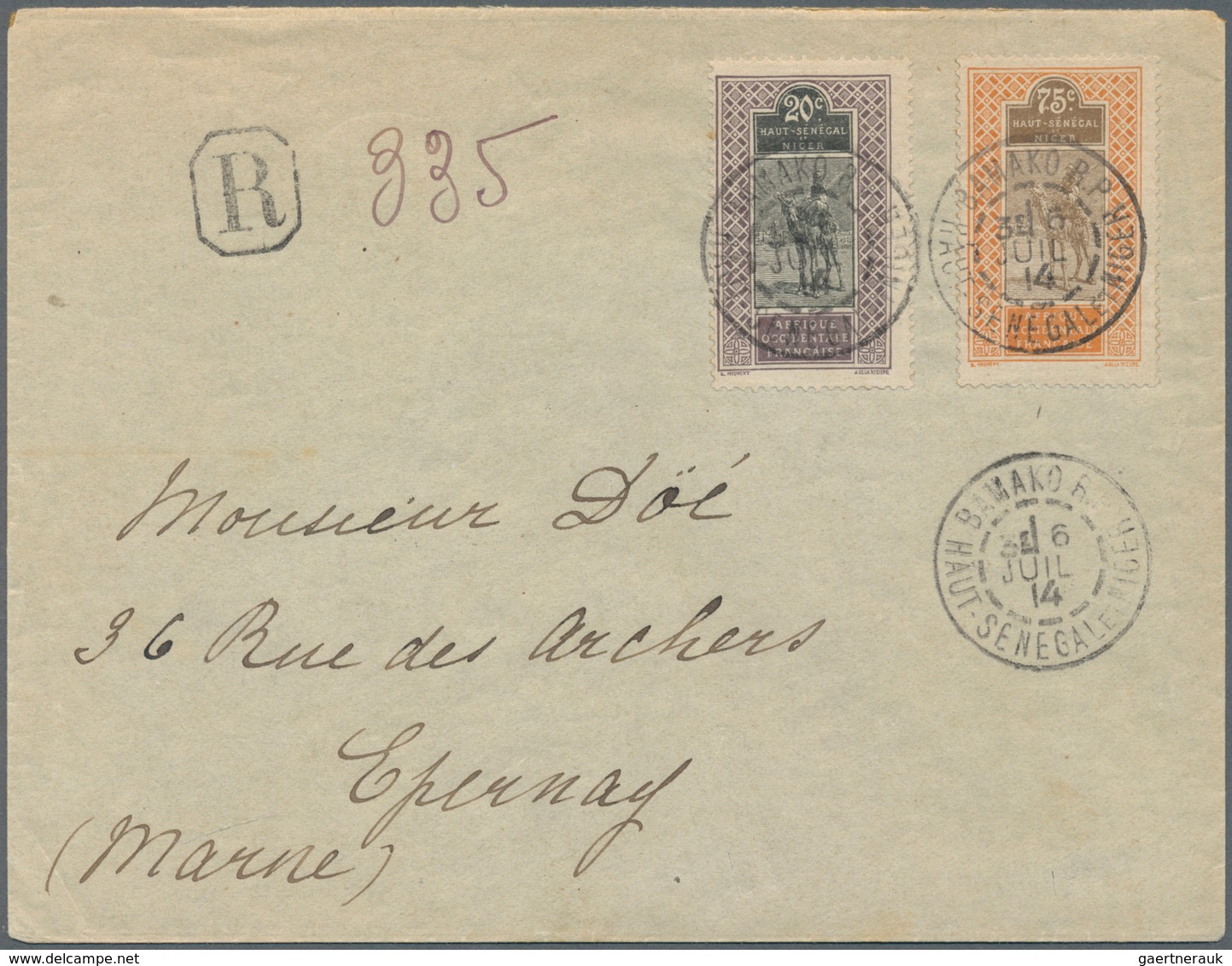 12326 Obersenegal-Niger: 1914, Registered Letter With 25 And 75 Cent. From BAMAKO B.P. 31 JUIL 14 To Franc - Autres & Non Classés