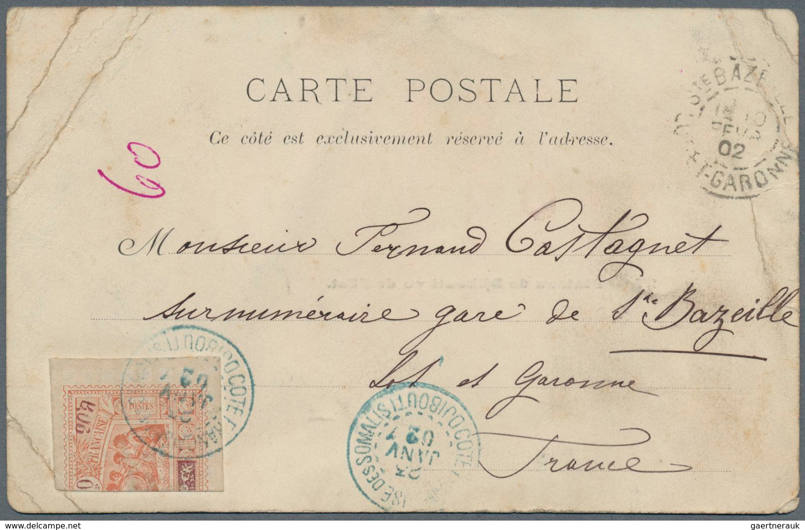 12329 Obock: 1902. Guerriers 20c Halving On Picture Postcard (23.2.02) To France. Corner Creases. - Autres & Non Classés