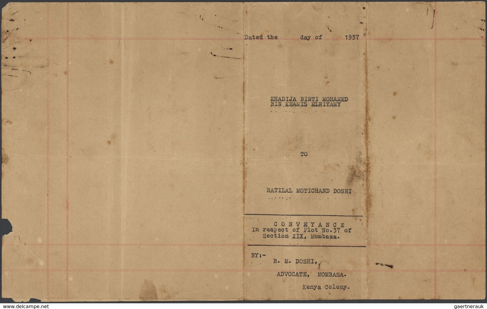 12330 Ostafrikanische Gemeinschaft: 1837 Indenture Bearing Two Singles Of 1922-27 KGV. £10 Black & Green I - Britisch-Ostafrika