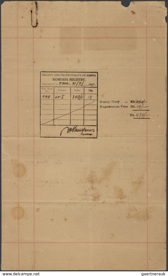 12330 Ostafrikanische Gemeinschaft: 1837 Indenture Bearing Two Singles Of 1922-27 KGV. £10 Black & Green I - Britisch-Ostafrika