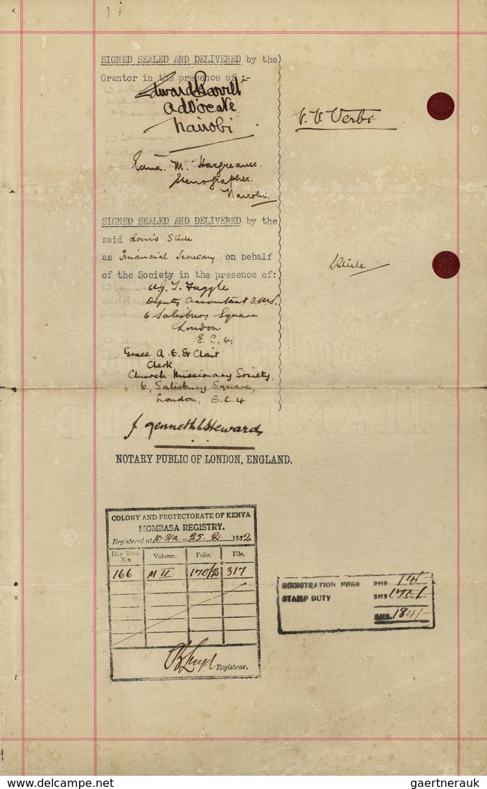 12340 Ostafrikanische Gemeinschaft: 1929 Indenture Bearing 1922 KGV. £3 Purple & Yellow Along With £5 And - Britisch-Ostafrika