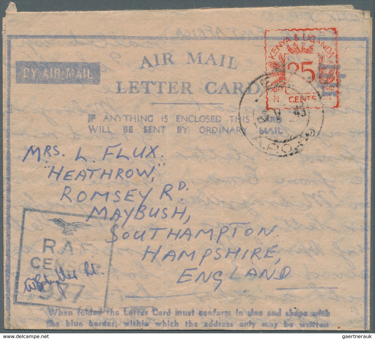 12346 Ostafrikanische Gemeinschaft: 1943, Three Air Mail Letter Cards With Red Value Tablet Of Metermark ' - Afrique Orientale Britannique