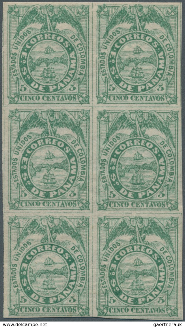 12349 Panama: 1878 First Issue 5c. Green, Vertical BLOCK OF SIX From The 3rd Printing, Mint Never Hinged E - Panama