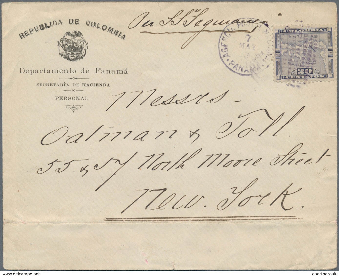 12352A Panama: 1903, 20c. Lilac, Single Franking On Cover From "PANAMA 7 MAY 1903" To New York With Arrival - Panama