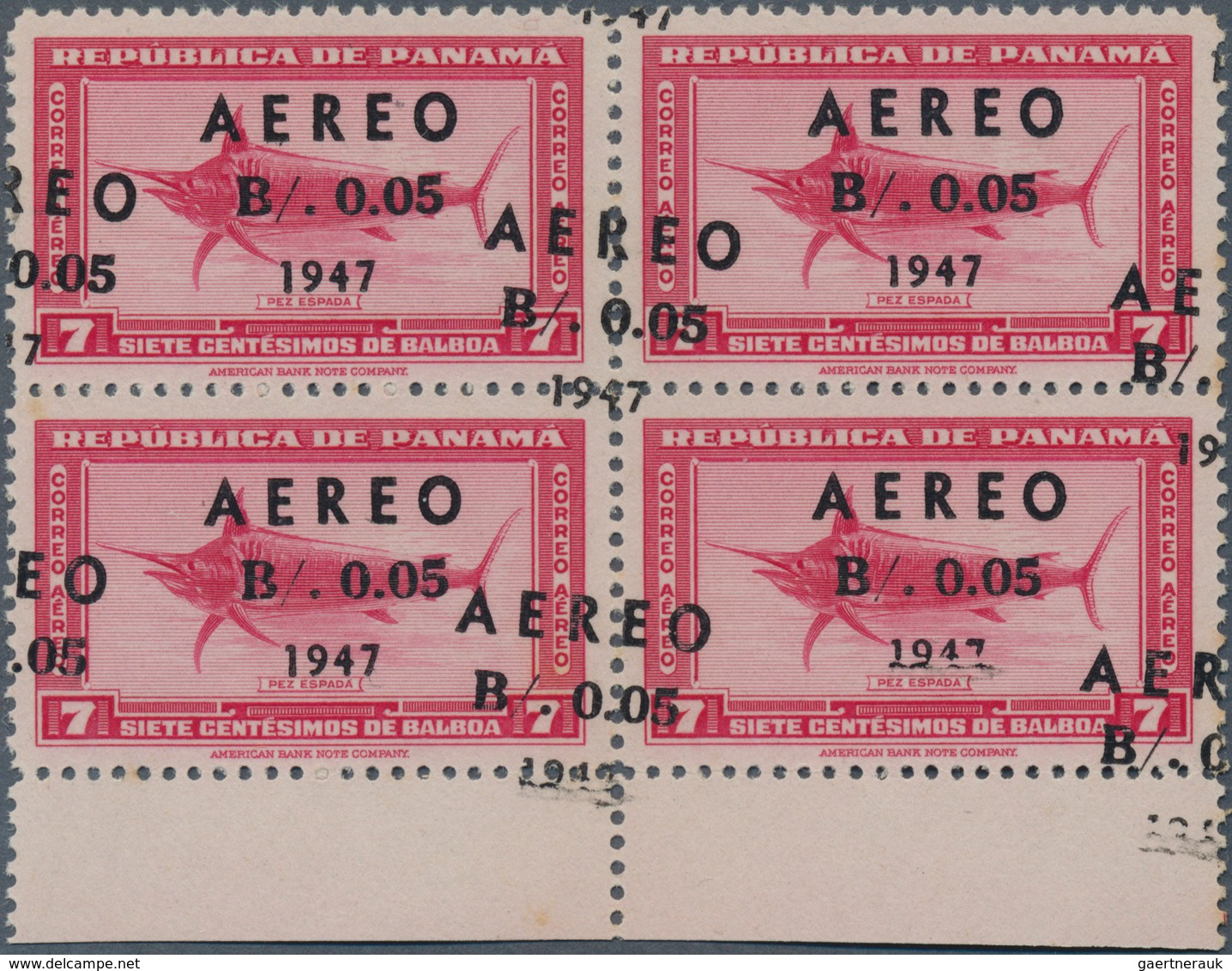 12354 Panama: 1947. Block Of 4 With DOUBLE SURCHARGE "AERO / B/. 0.05 / 1947". Mint, NH. Only One Sheet Of - Panama