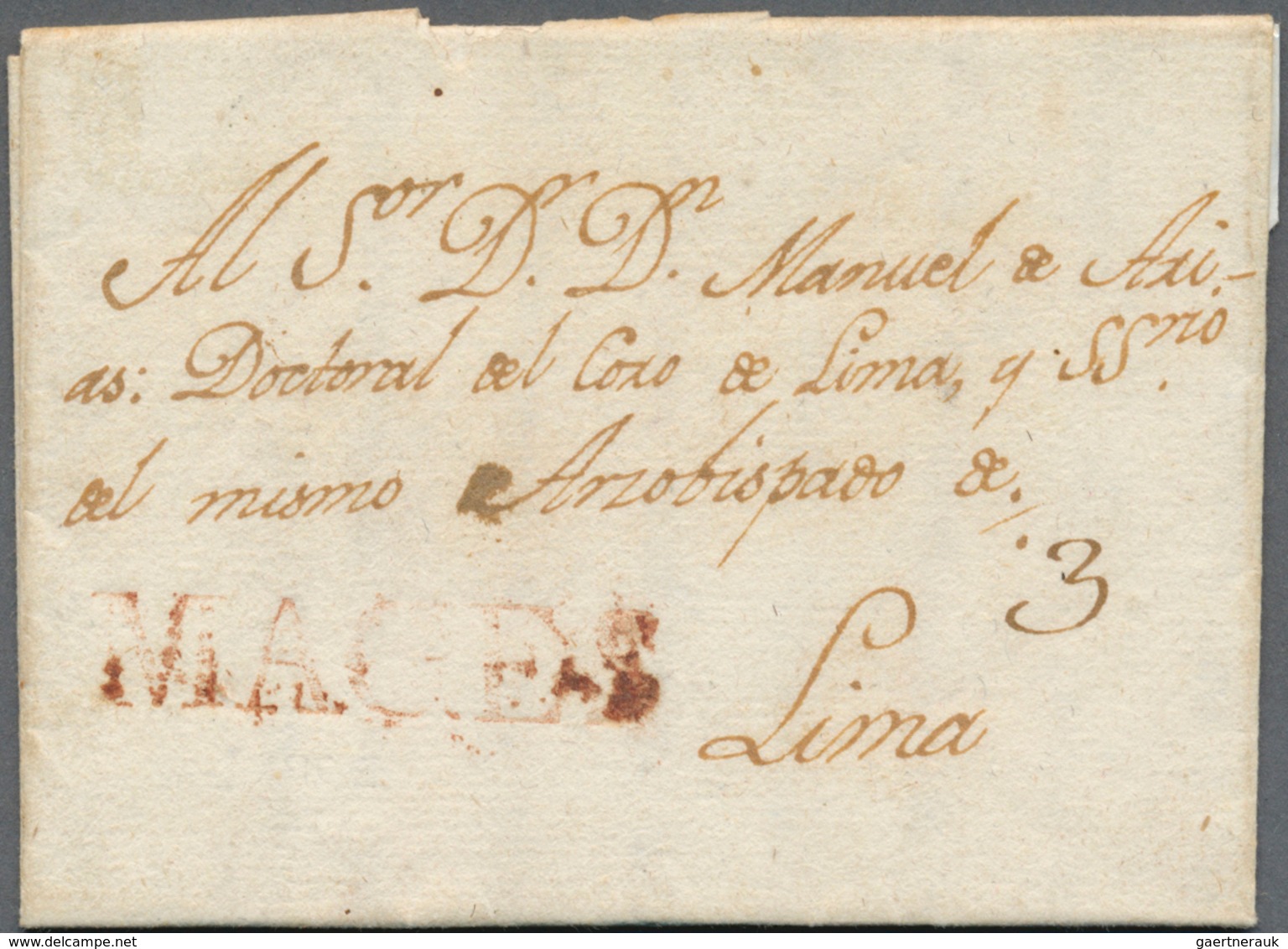 12359A Peru: 1815, "MAGES", Clear Strike Of Red Straight Line On Pre-philatelic Letter With Complete Messag - Peru