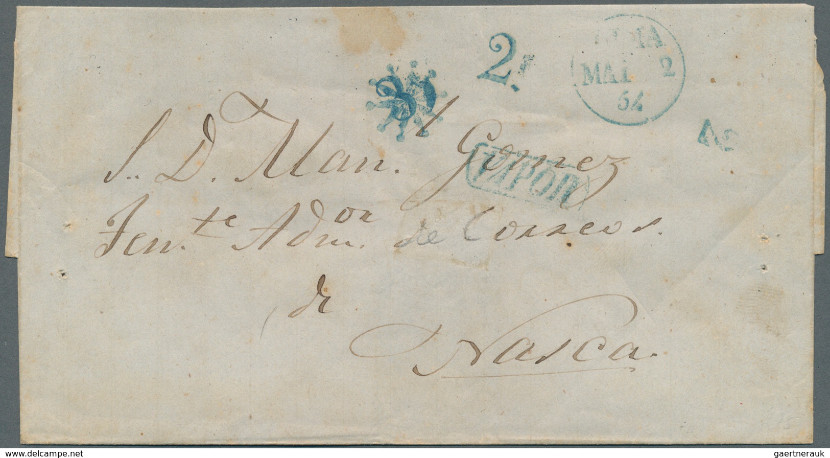 12363 Peru: 1854, Stampless Folded Letter Cover With Blue Single Circle Dater "LIMA / MAI 2 / 54", Along W - Pérou