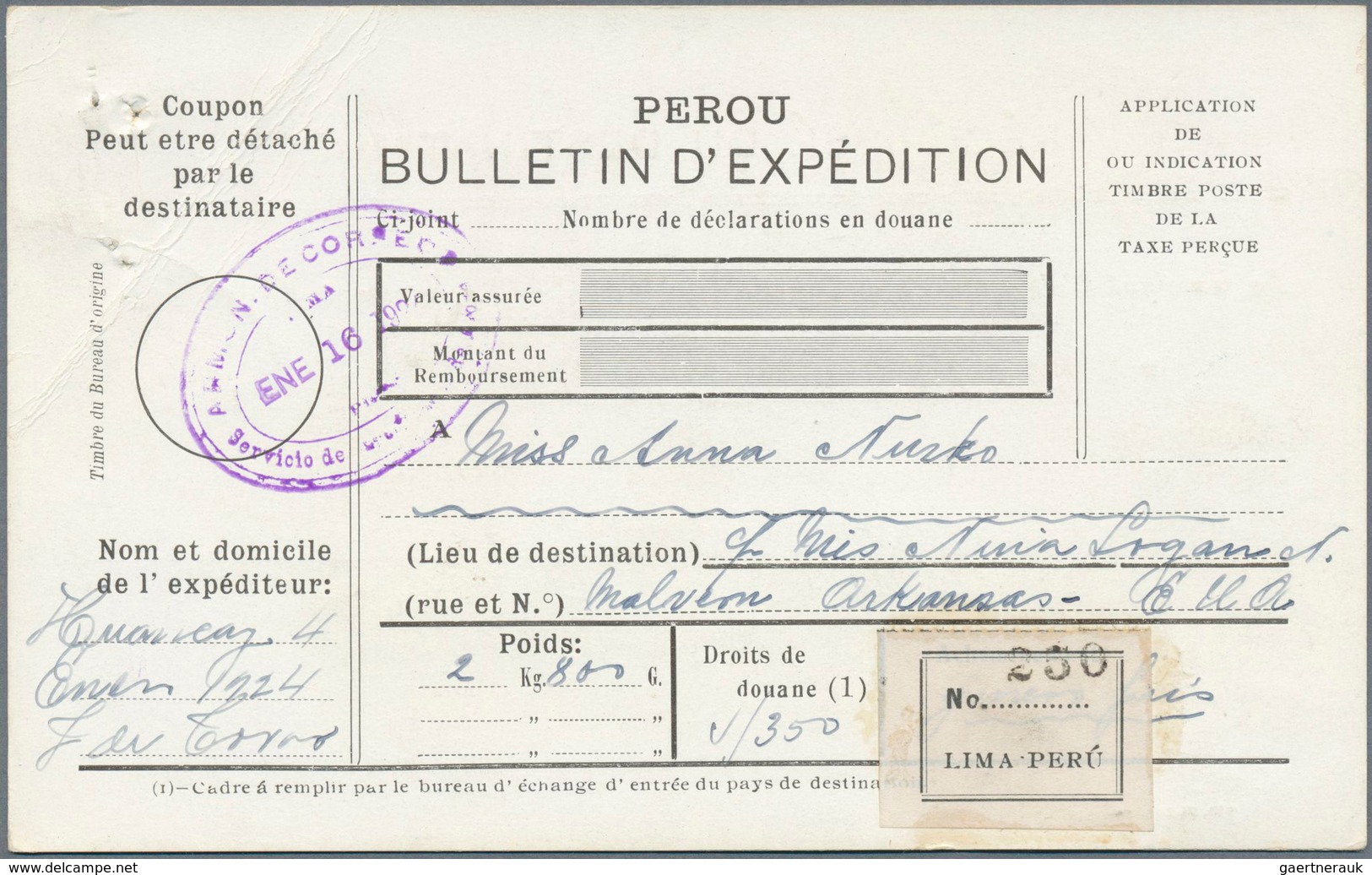 12367 Peru: 1918/1924, Two Package Cards From LIMA To The USA, The First (small Card) With 50c And 2 So Fr - Pérou