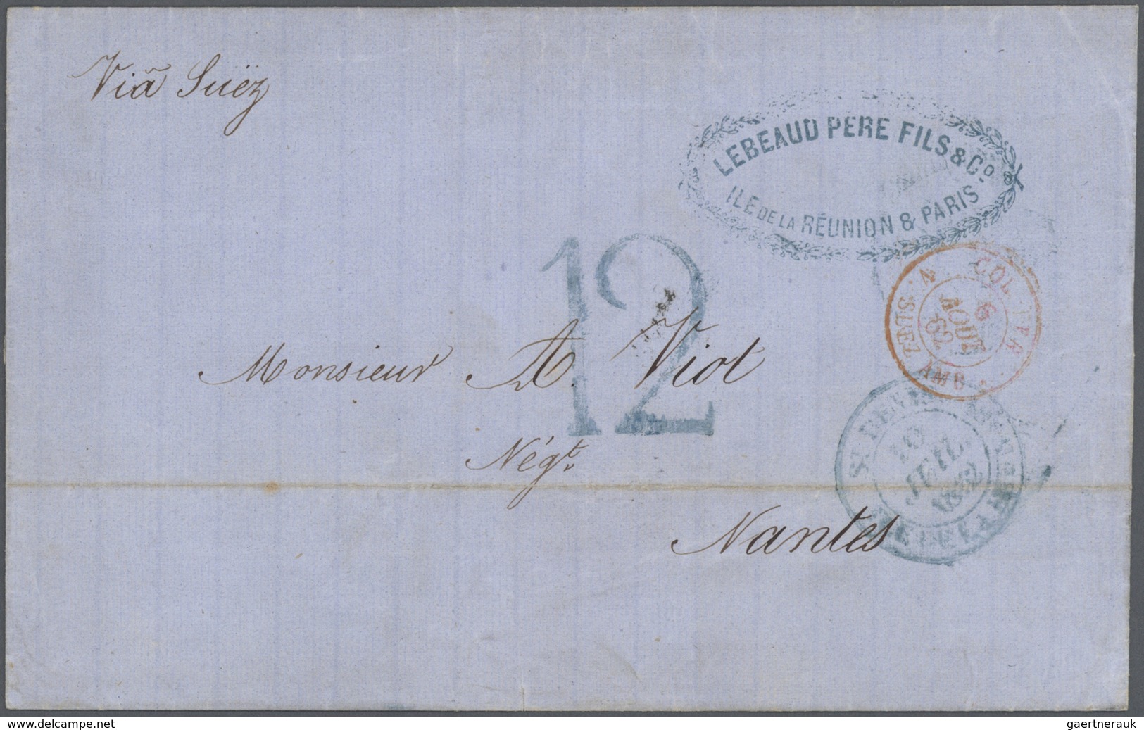 12372 Reunion: 1862, Folded Envelope Tied By Blue St. Denis Ile De La Reunion Cds. Written On 8 July 1862, - Lettres & Documents