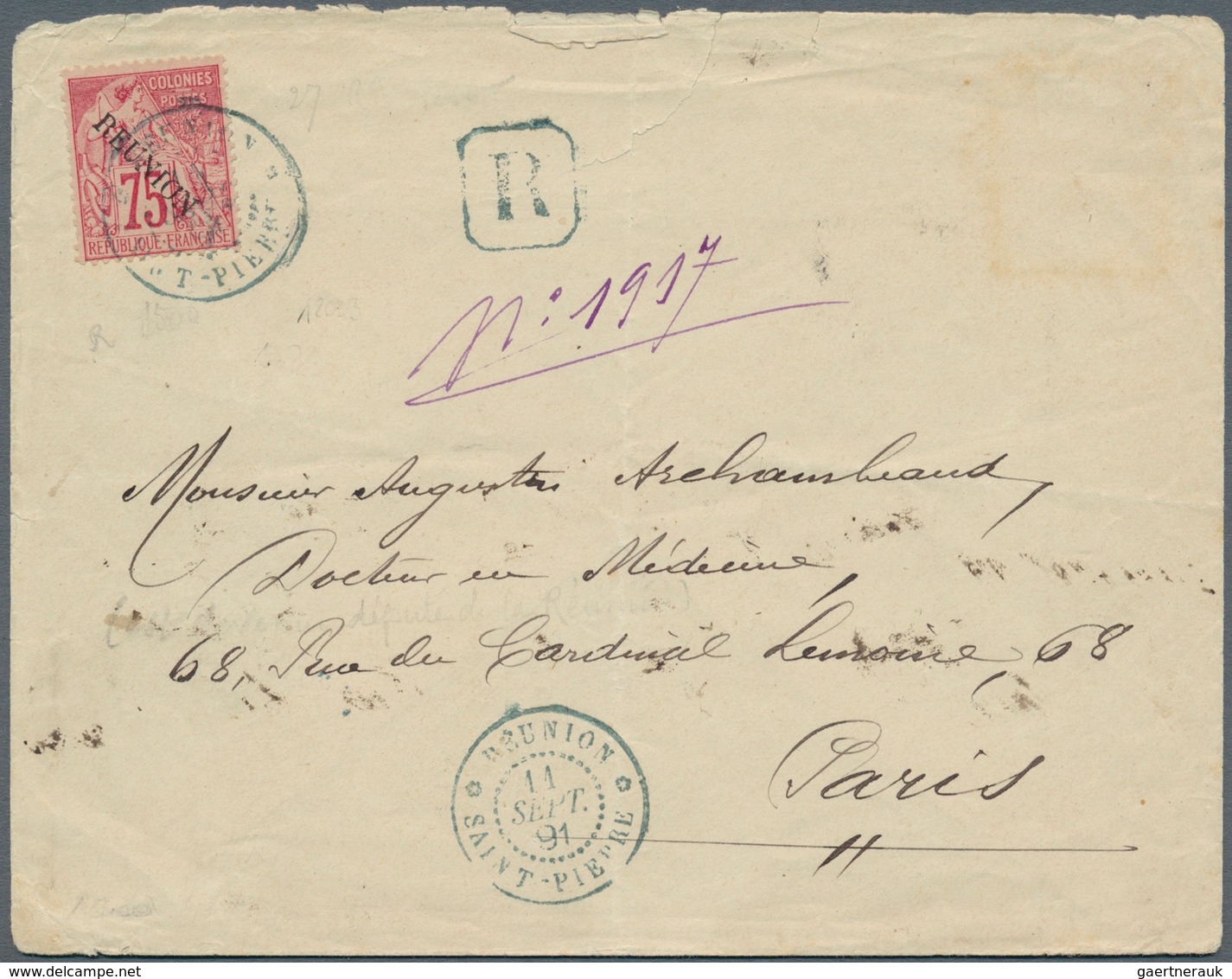 12373 Reunion: 1891, 75 C. Red, 'Allegorie" Overprinted "REUNION" On Front Of A Registered Cover, Extraord - Lettres & Documents