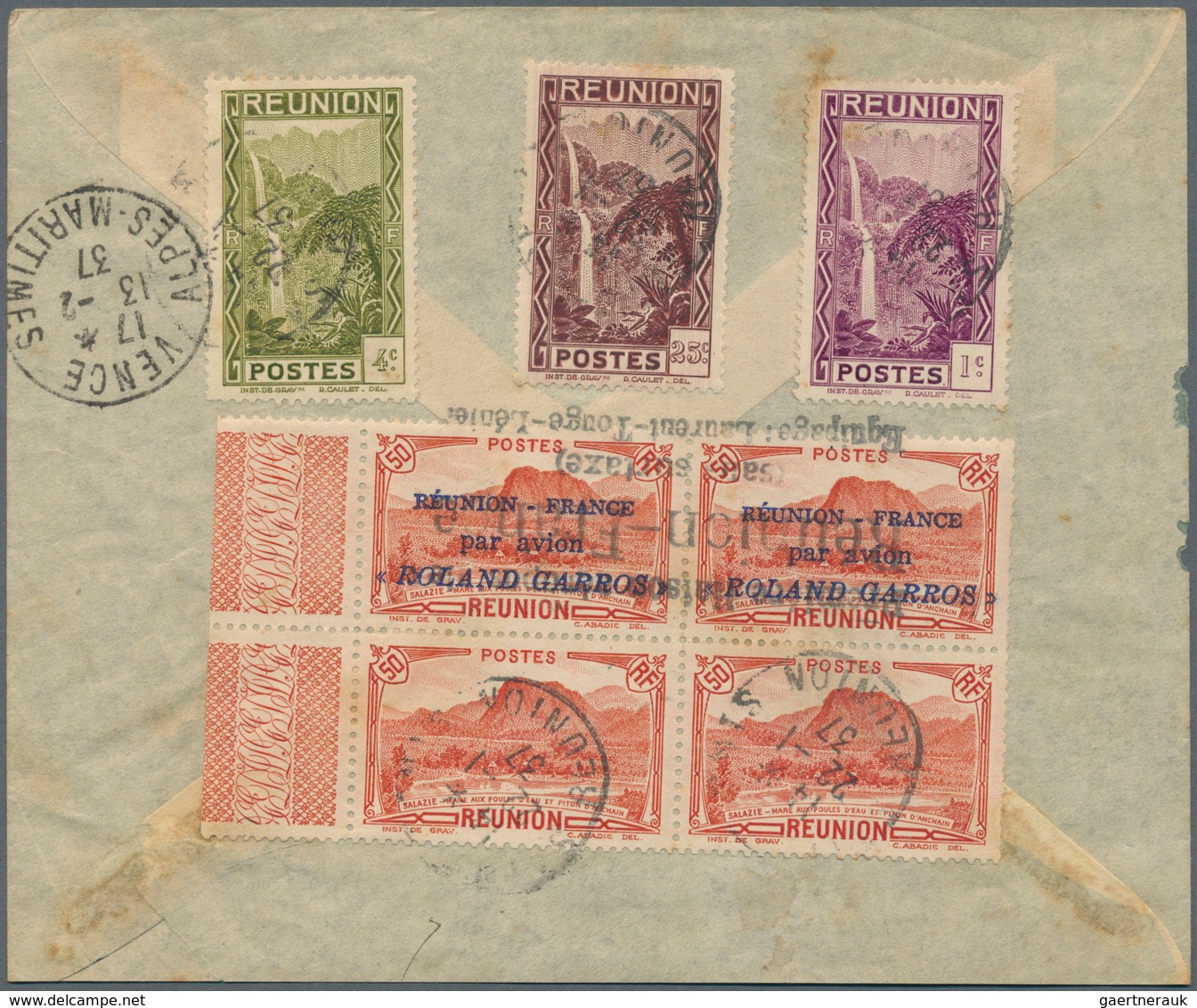 12375 Reunion: 1937, "ROLAND GARROS" Flight, 50c. Red Left Marginal Block Of Four Showing Variety "BOTH LO - Lettres & Documents